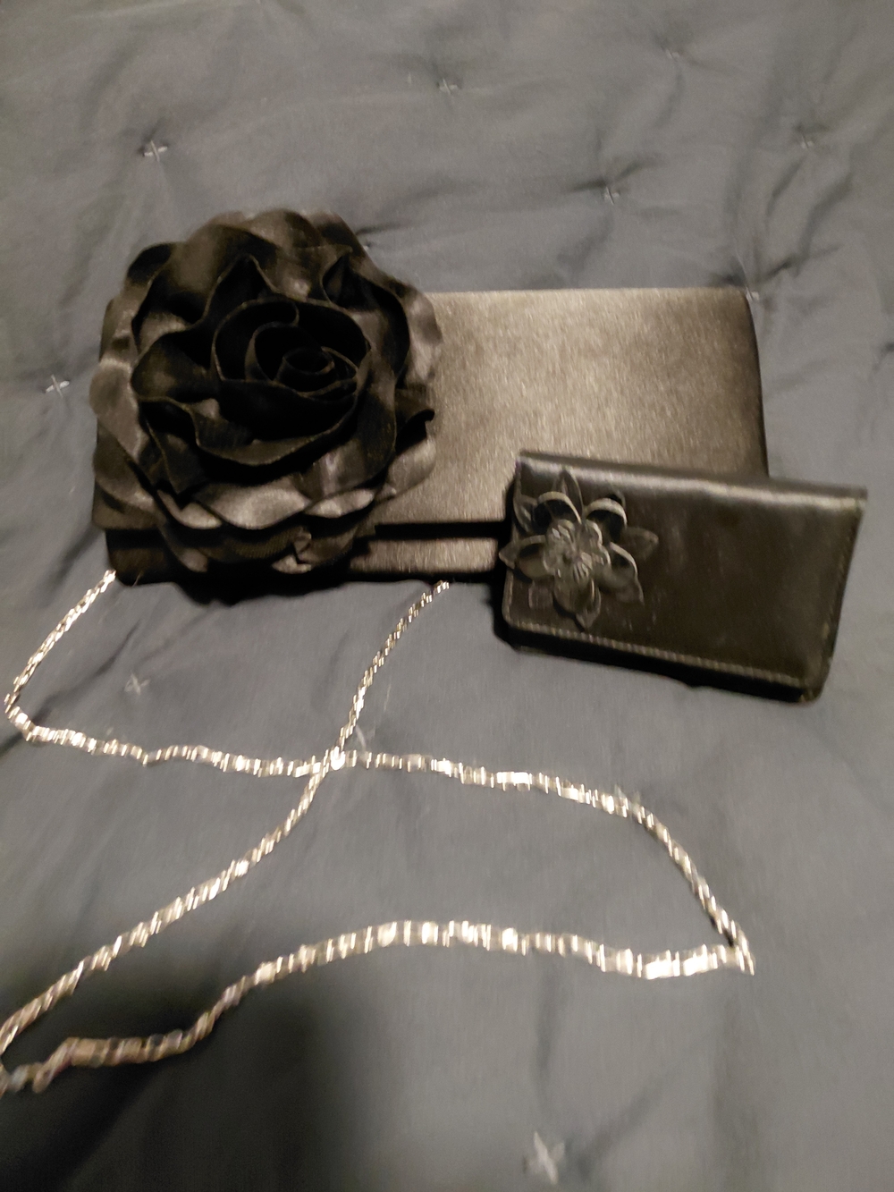 Black Floral Accent Clutch with Chain Strap And Small Wallet.